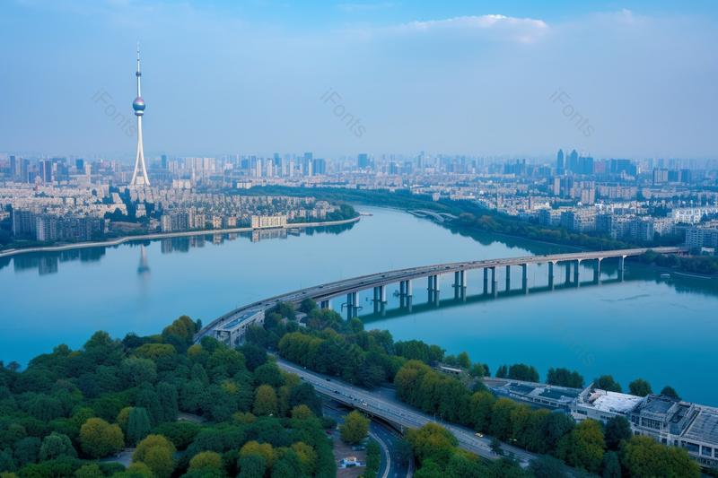 蓝天下武汉城市风光长江大桥电视塔,高清,摄影图,摄影图片,图片大全,摄影图免费下载